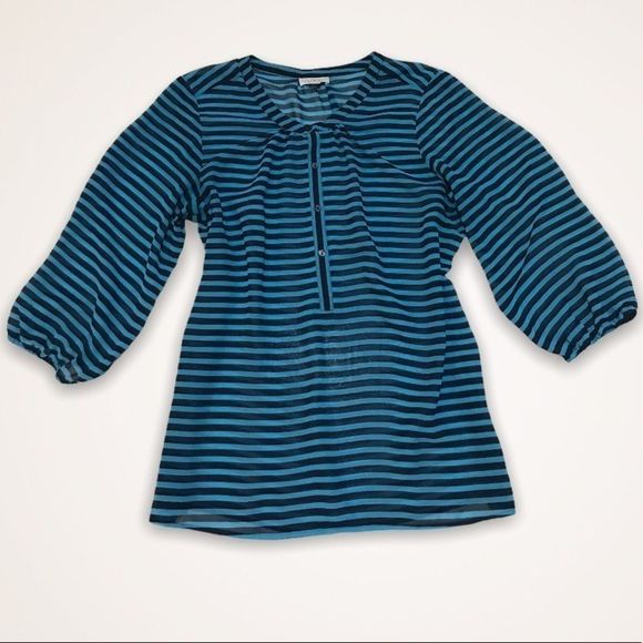 LOFT Teal & Navy Striped Half Button Sheer Blouse - Picture 2 of 6